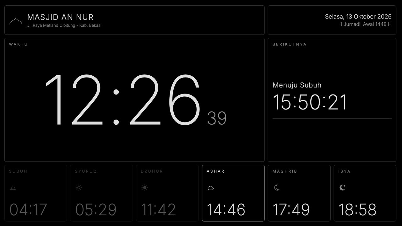 Mode malam: jam besar, hitung mundur menuju Subuh, dan jadwal sholat